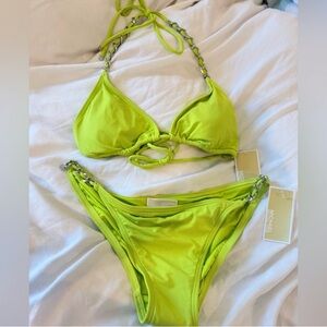 NWT Michael Kors neon Limeade Triangle chains String Bikini Top M Bottom L